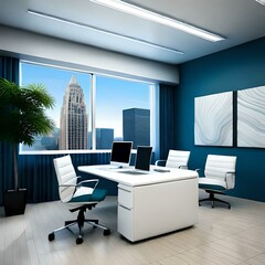 modern office interior with desk overlooking tall buildings