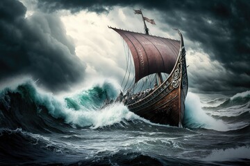 a viking ship sailing across a stormy sea, with waves crashing against the hull., created with generative ai