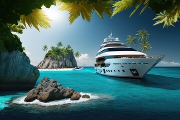 luxury yacht sailing along the coast of tropical island, with palm trees in the background, created with generative ai