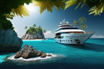 Fototapeta premium luxury yacht sailing along the coast of tropical island, with palm trees in the background, created with generative ai