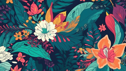 tropical flowers background drawing.  Generative AI