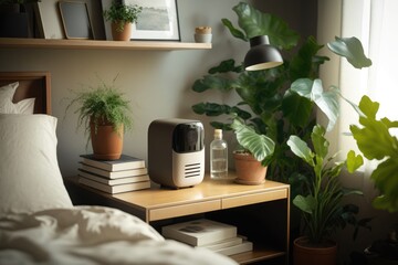 air purifier, surrounded by plants and books in quiet bedroom, created with generative ai