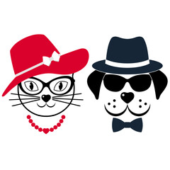 Creative illustration of a dog and a cat in a hat and glasses on a white background