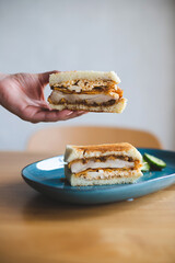 Appetizing sandwich with pieces of meat, vegetables and greens. Hands reaching for a sandwich