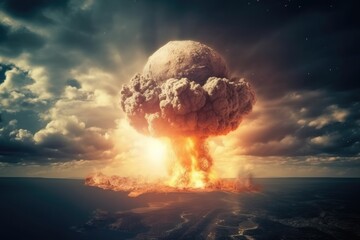 核ミサイルの核爆発による地球滅亡の瞬間、第三次世界大戦の始まり - obrazy, fototapety, plakaty