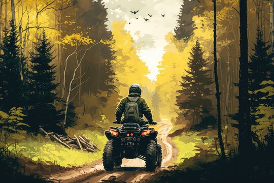 atv driver on forest trail, with view of towering trees and the sound of wind in the leaves, created with generative ai