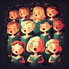 illustration of children singing song together girls and boys group singers in choir chorus from school sheet music in their hands polyphonic musical notes with a band young cartoon Generative AI 