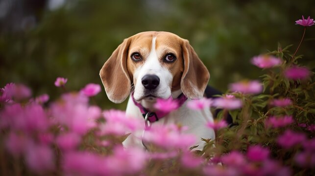 Beagle and the flowers