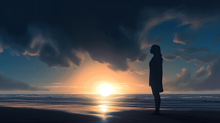 Fototapeta premium silhouette of a person on the beach at sunset created with Generative AI technology