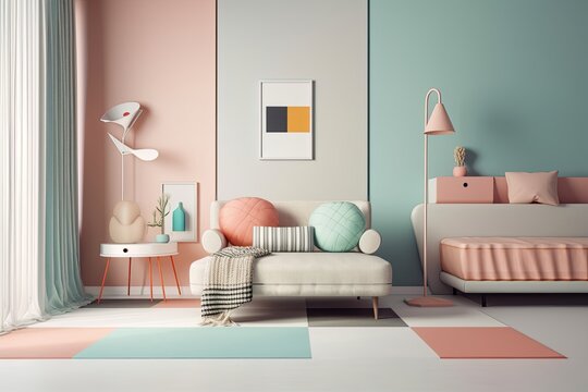 retro room with minimalist decor, featuring clean lines and pastel colors, created with generative ai