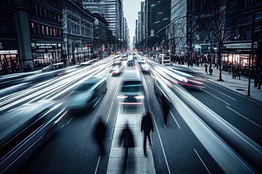 a long exposure shot of a busy city street, with the cars and people frozen in motion, created with generative ai
