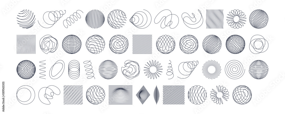 Wall mural collection of different graphic elements for design. spheres with twist lines. abstract background w