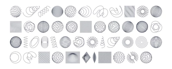 Fotobehang Collection of different graphic elements for design. Spheres with twist lines.  Abstract background with wavy lines. Dynamic effect. Hand drawn style. 3d vector illustration for science or technology. © Login