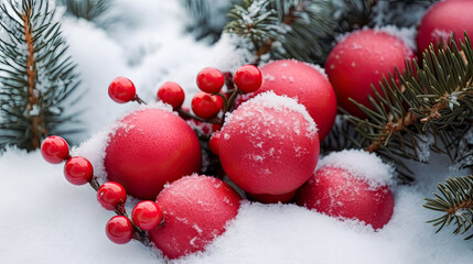 Fototapeta na wymiar Red balls on fir branches, winter snowy backdrop. Generative AI. 