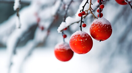 Red balls on fir branches, winter snowy backdrop. Generative AI. 