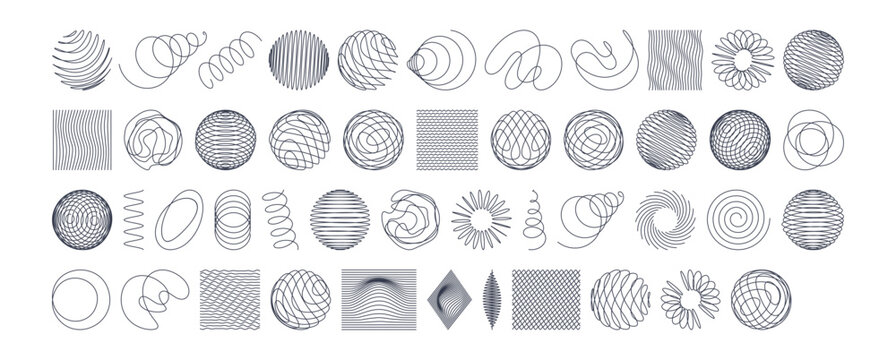 Collection of different graphic elements for design. Spheres with twist lines.  Abstract background with wavy lines. Dynamic effect. Hand drawn style. 3d vector illustration for science or technology.