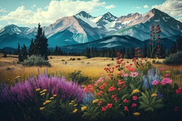 meadow with vibrant wildflowers in the foreground and mountain range in the background, created with generative ai