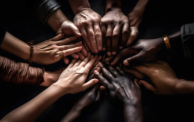 Multiracial group with black African-American Caucasian and Asian hands joining hands against racism. Unity of races and social classes. Generative ai - obrazy, fototapety, plakaty