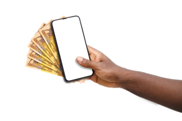 Black hand holding mobile phone with blank screen and Ugandan shilling notes
