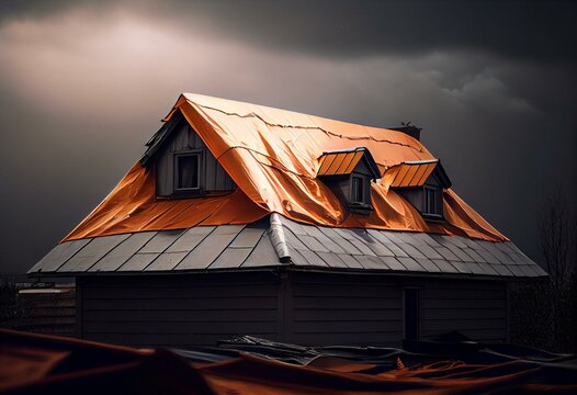 Roof Needs Repairs Covered With A Tarp Waiting For The Roofing Company To Fix After Spring Summer Thunderstorm. Generative AI