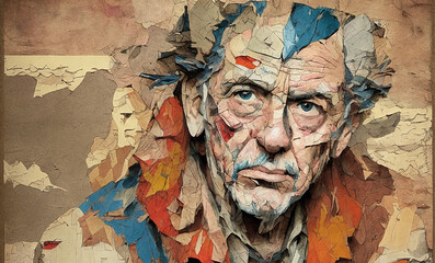 Portraits of elderly man made from scraps of old newspapers, advertisements, photographs and memories. Abstract background with torn paper. Content made with generative AI not based on real persons.	