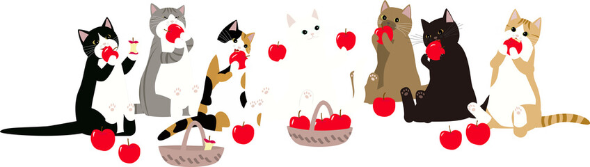 りんごを食べる7匹の猫