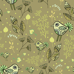 Seamless pattern with ornamental plants and birds. Vector file for designs.