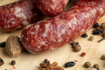 Dried pork sausage during slicing