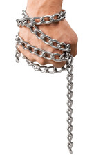Hands wrapped in chains - oppression or liberation concept