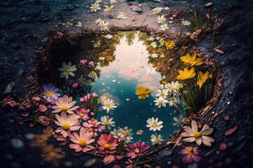Fototapeta na wymiar puddle surrounded by blooming flowers, symbolizing new life, created with generative ai