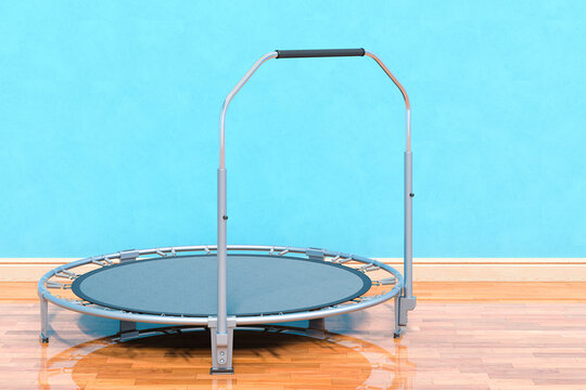 Foldable Mini Trampoline, Fitness Rebounder in room near wall, 3D rendering