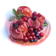 Strawberry ice cream decorated with berries and mint leaves and drizzled with jam delicious for breakfast or afternoon snack