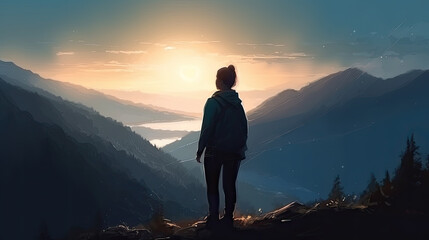 Obraz premium silhouette of a woman in the mountains created with Generative AI technology
