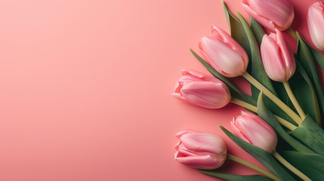 Fondo rosa pastel con tulipanes rosas vistos desde arriba. Ilustración, IA Generativa