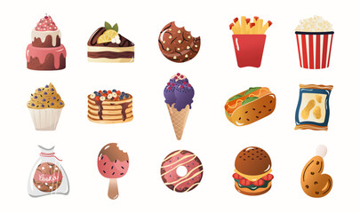 collection of sweets, snacks. popcorn, hamburger, pie, cake, ice cream. Vector illustration flat design