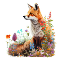 Cute baby fox with wildflowers Clipart Painting Style Transparent Background. Beautiful Fox & Wild Flowers  PNG Transparency.