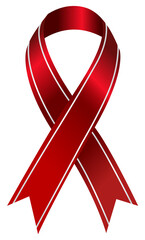 Red awareness ribbon. Used to raise awareness and show support for the fight against HIV/AIDS, and also symbol for heart disease, stroke, substance abuse, and more.
