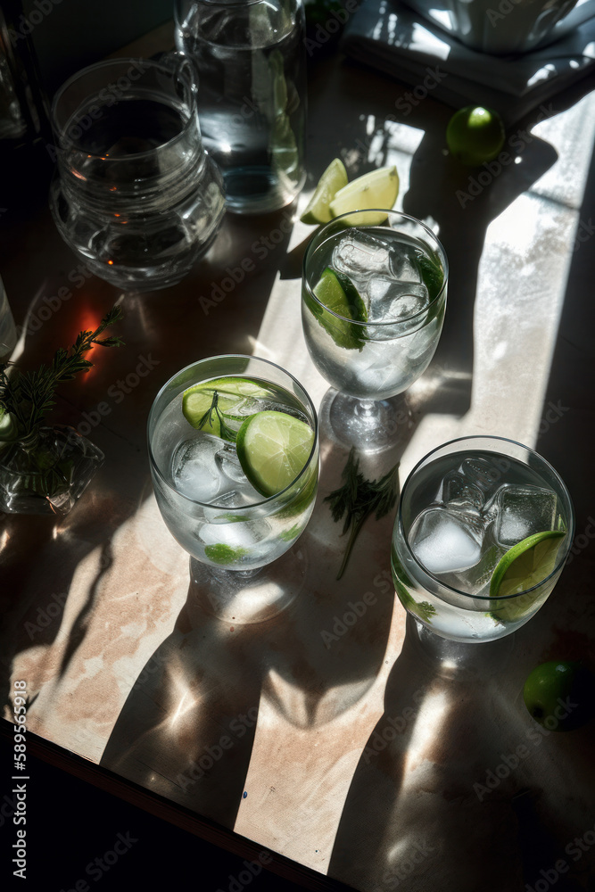 Canvas Prints Overhead shot of a refreshing gin and tonic drink with sunlight and shadows. Generative ai