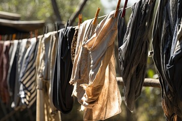 close-up of clothesline, with freshly washed and dried clothing hanging in the breeze, created with generative ai