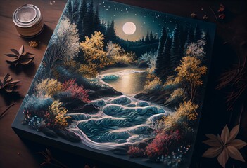 a painting of a river surrounded by trees and a forest with a full moon in the sky over the river is a river flowing through a valley with trees and flowin Generative AI