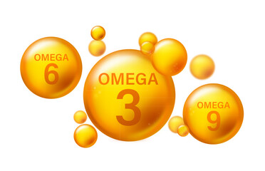 Omega 3,6,9 gold icon set. Vitamin drop pill capsule. Shining golden essence droplet. Beauty treatment nutrition skin care design. Vector illustration.