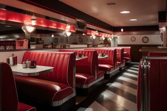 classic diner with red vinyl booths and chrome accents, created with generative ai