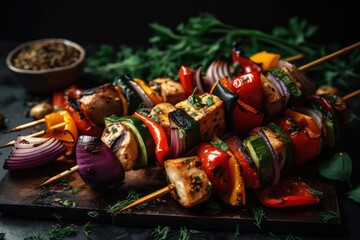 shishkabob skewered with grilled vegetables and herbs, created with generative ai