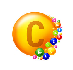 Vitamin C gold shining pill capcule icon. Colored vitamin complex. Pill capcule vector illustration on white isolated background