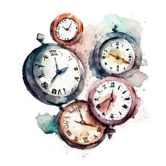 Clocks and pocket watches in an abstract style with transparent background for use as a graphical element.  AI generated background illustration in a detailed watercolor style	