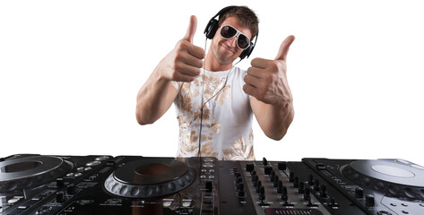 Portrait of confident young DJ with headphones on head mixing music on mixer