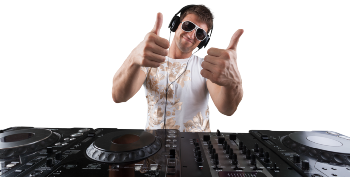 Portrait of confident young DJ with headphones on head mixing music on mixer