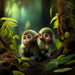 Fototapeta premium Two Cute Little Monkeys in Beautiful Green Forest - generative AI