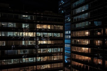 nighttime view of modern high-rise with lighting and reflections on the windows, created with generative ai