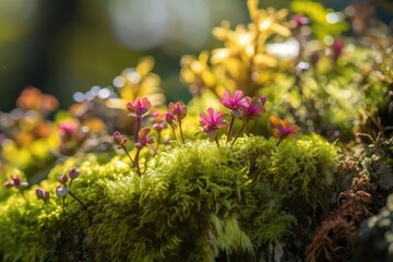 close-up of moss in the sun, with vibrant and colorful flowers in the background, created with generative ai